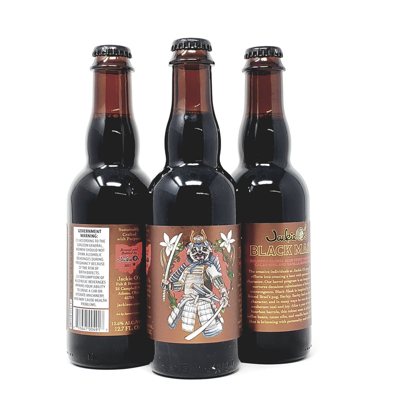 JACKIE OS, BLACK MASK. BOURBON BARREL AGED STOUT WITH COFFEE.CACAONIBS.AND VANILLA BEANS ADDED.12.7oz BOTTLE